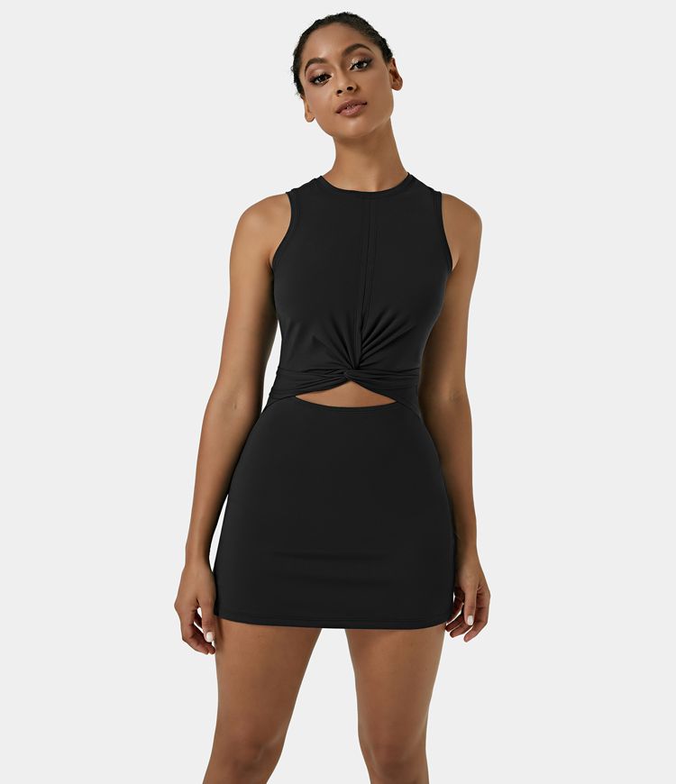 Sleeveless Cut Out Tie Back 2-Piece Pocket Mini Yoga Activity Dress