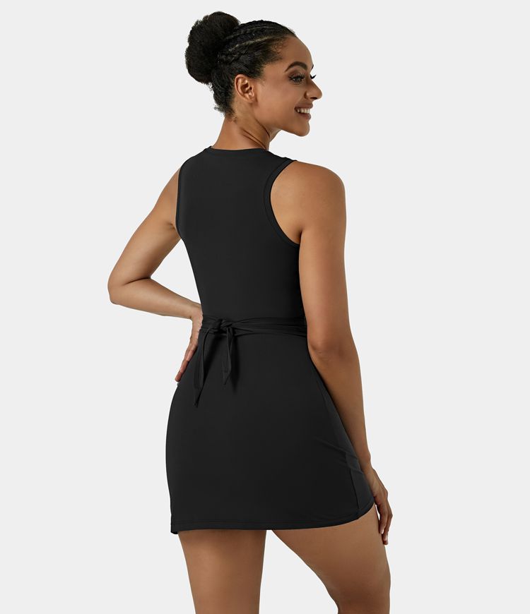 Sleeveless Cut Out Tie Back 2-Piece Pocket Mini Yoga Activity Dress