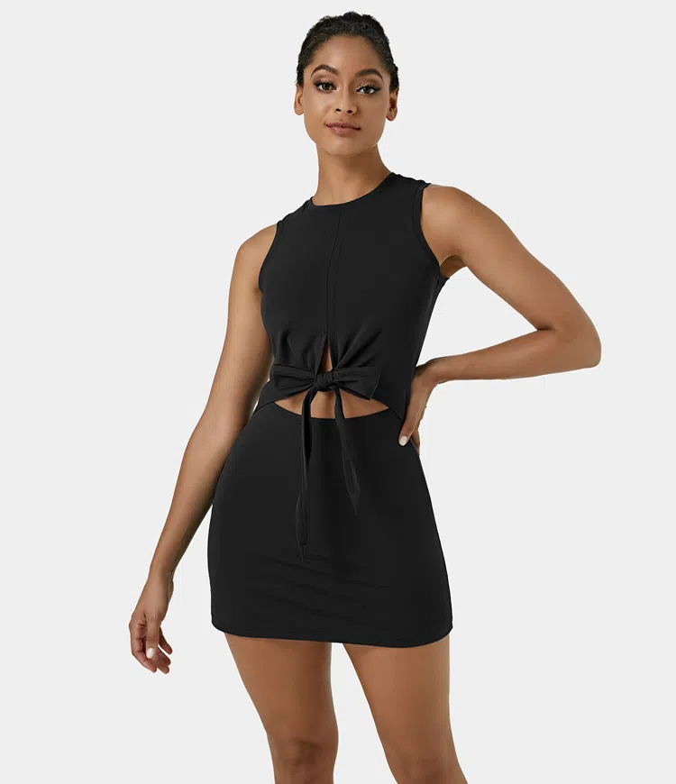 Sleeveless Cut Out Tie Back 2-Piece Pocket Mini Yoga Activity Dress