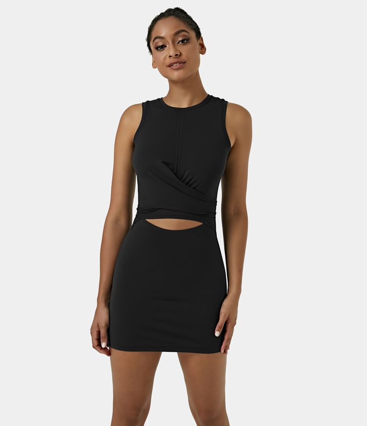 Sleeveless Cut Out Tie Back 2-Piece Pocket Mini Yoga Activity Dress