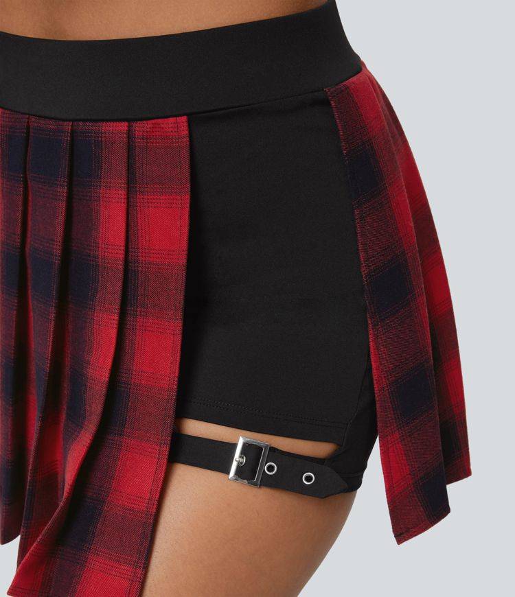 High waist pleated 2-in-1 with side pockets adjustable buckle checked micro-casual skirt