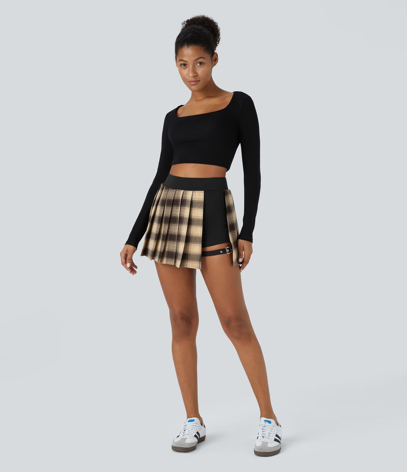 High waist pleated 2-in-1 with side pockets adjustable buckle checked micro-casual skirt