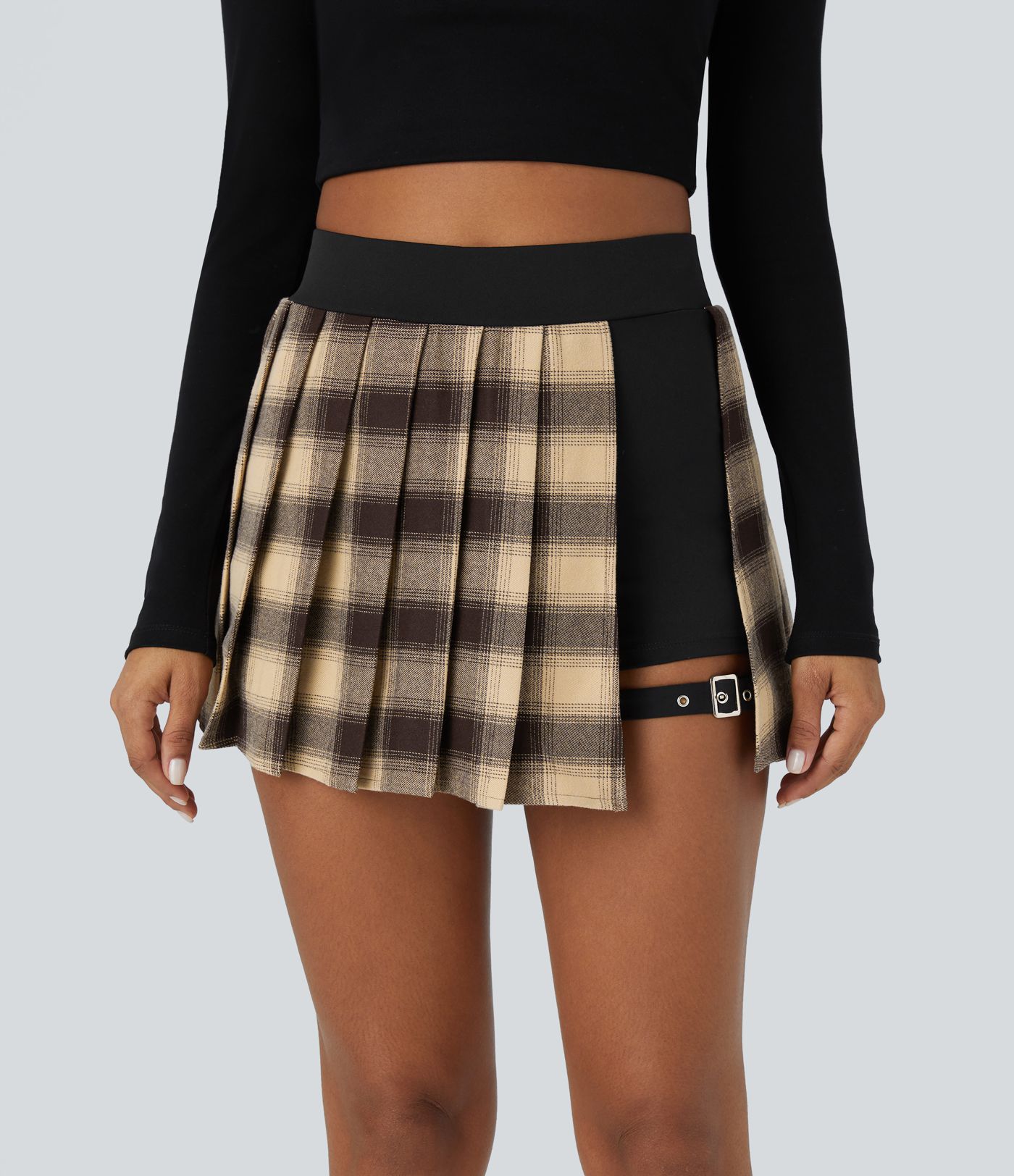 High waist pleated 2-in-1 with side pockets adjustable buckle checked micro-casual skirt