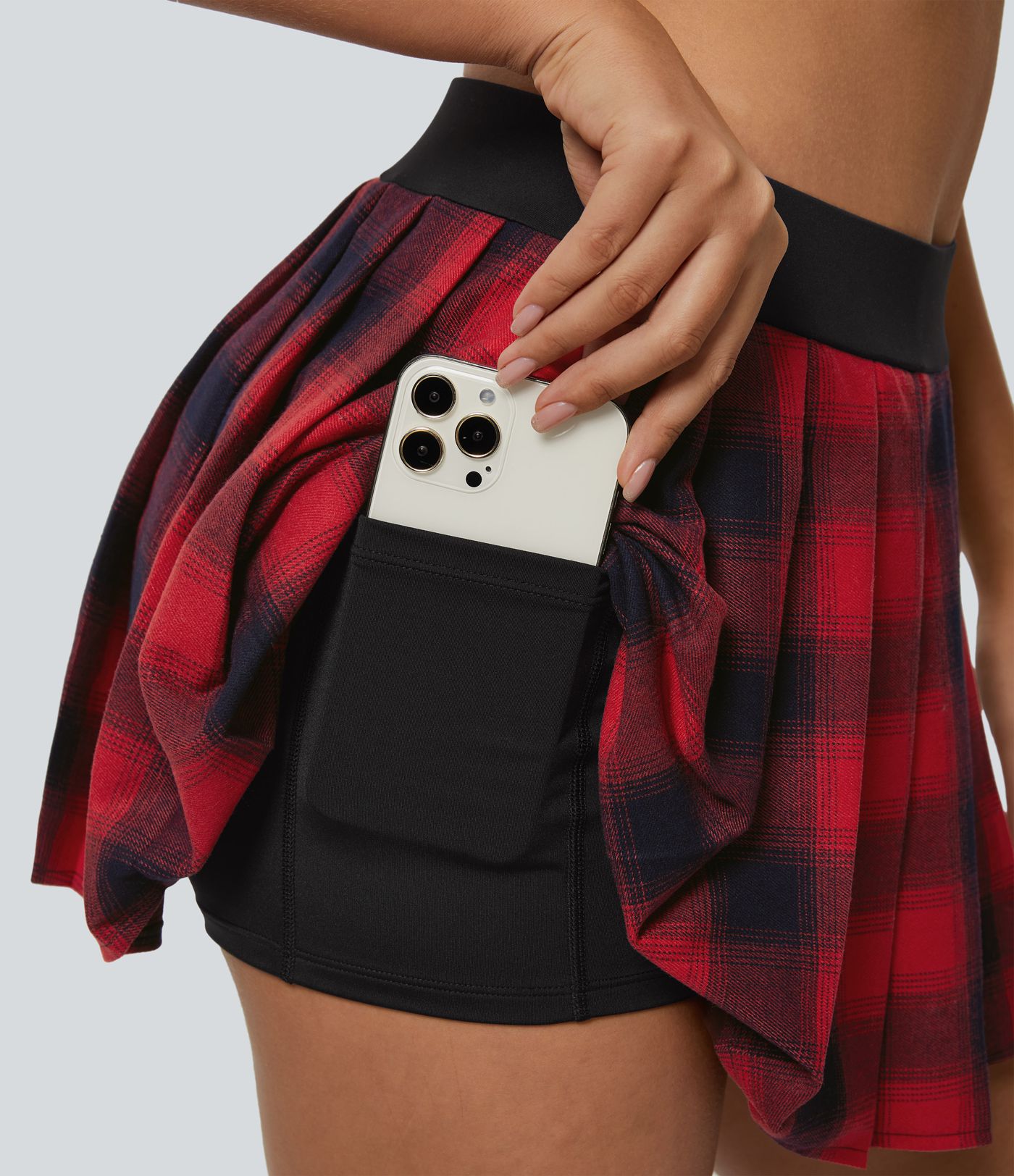 High-waisted pleated 2-in-1 side pocket adjustable buckle plaid micro casual skirt