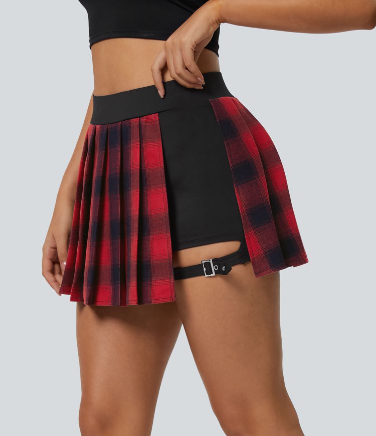 High waist pleated 2-in-1 with side pockets adjustable buckle checked micro-casual skirt