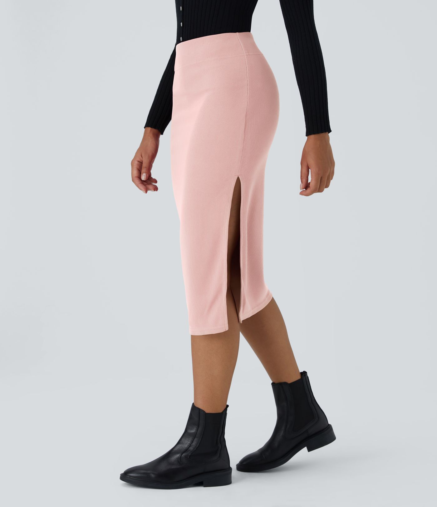 Falda midi ajustada abertura tiro alto canalé