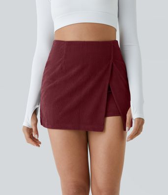 High Waisted Back Zipper Split Hem 2-in-1 Corduroy Casual Skirt