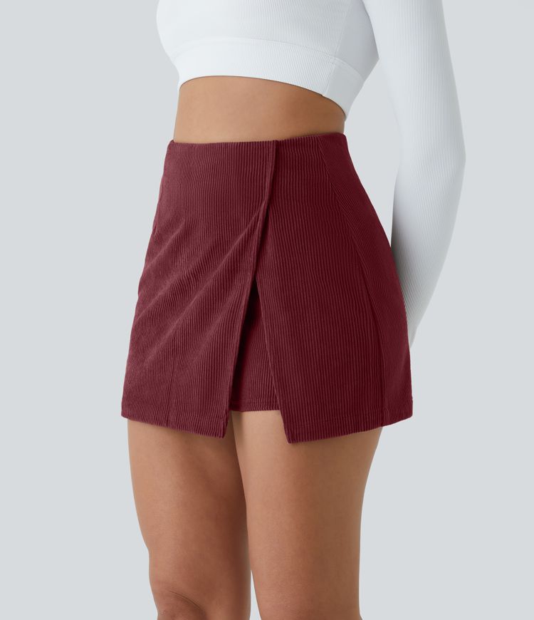 High Waisted Back Zipper Split Hem 2-in-1 Corduroy Casual Skirt