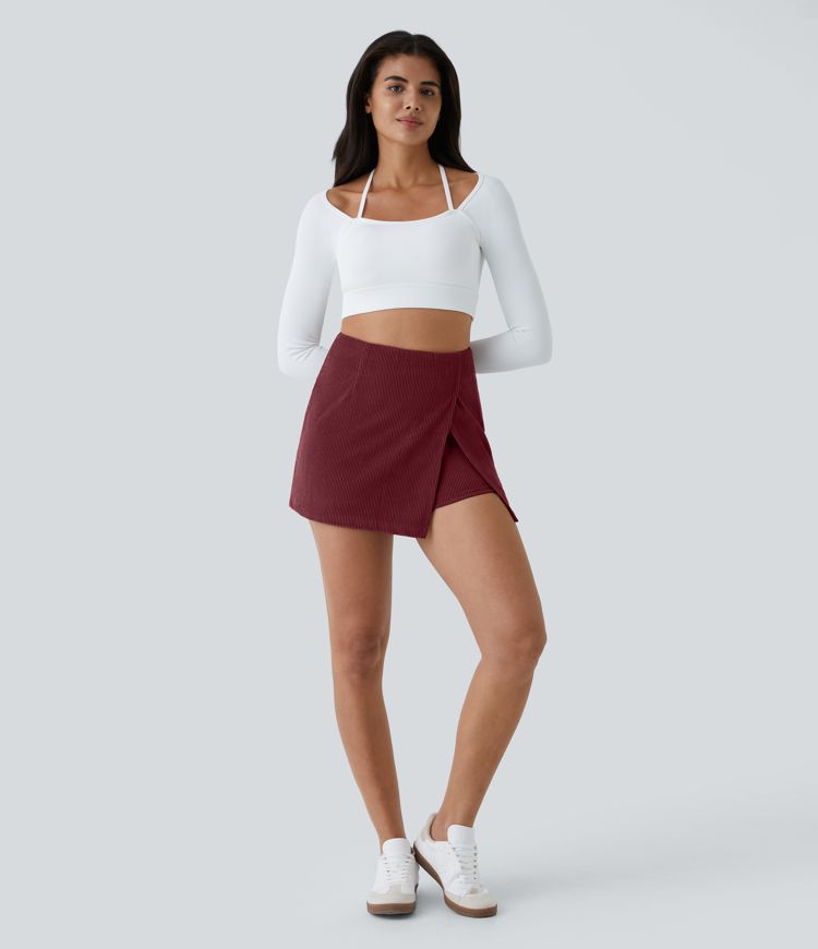 High Waisted Back Zipper Split Hem 2-in-1 Corduroy Casual Skirt