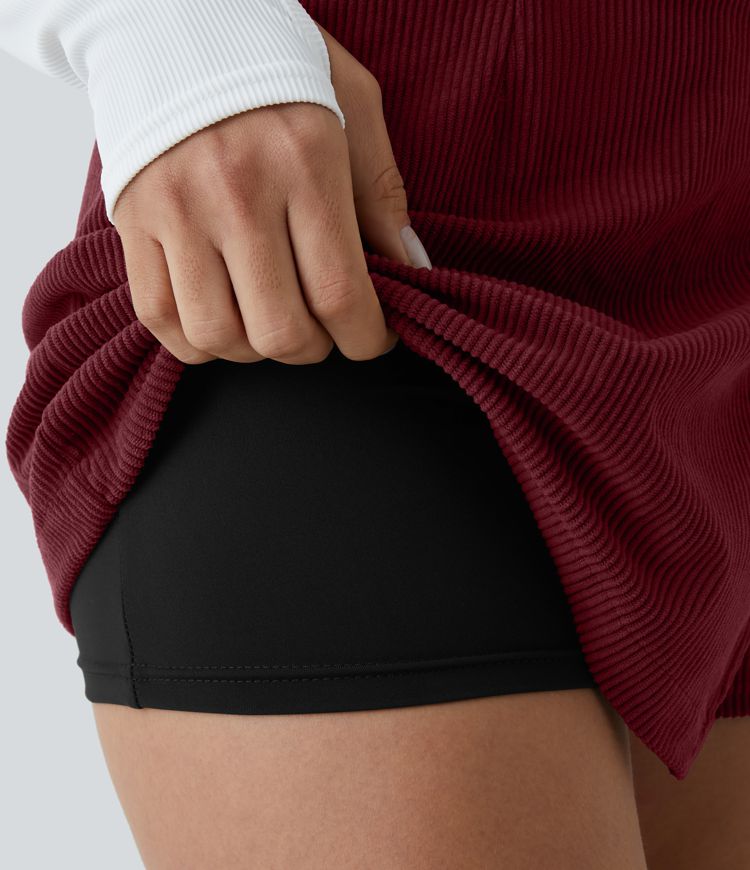 High Waisted Back Zipper Split Hem 2-in-1 Corduroy Casual Skirt