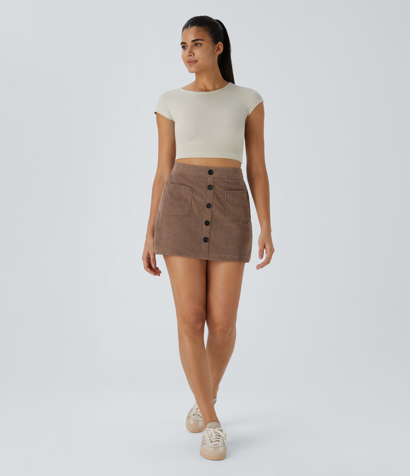 High Waisted Button Front Side Pocket Zipper 2-in-1 Corduroy Mini Casual Skirt