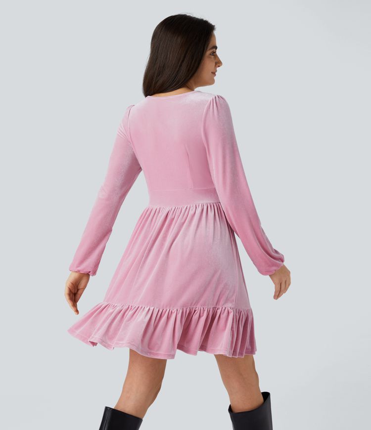 Lilac Sachet Everyday Deep V Neck Long Sleeve Ruffled Hem Velvet Mini Chill Dress / 2