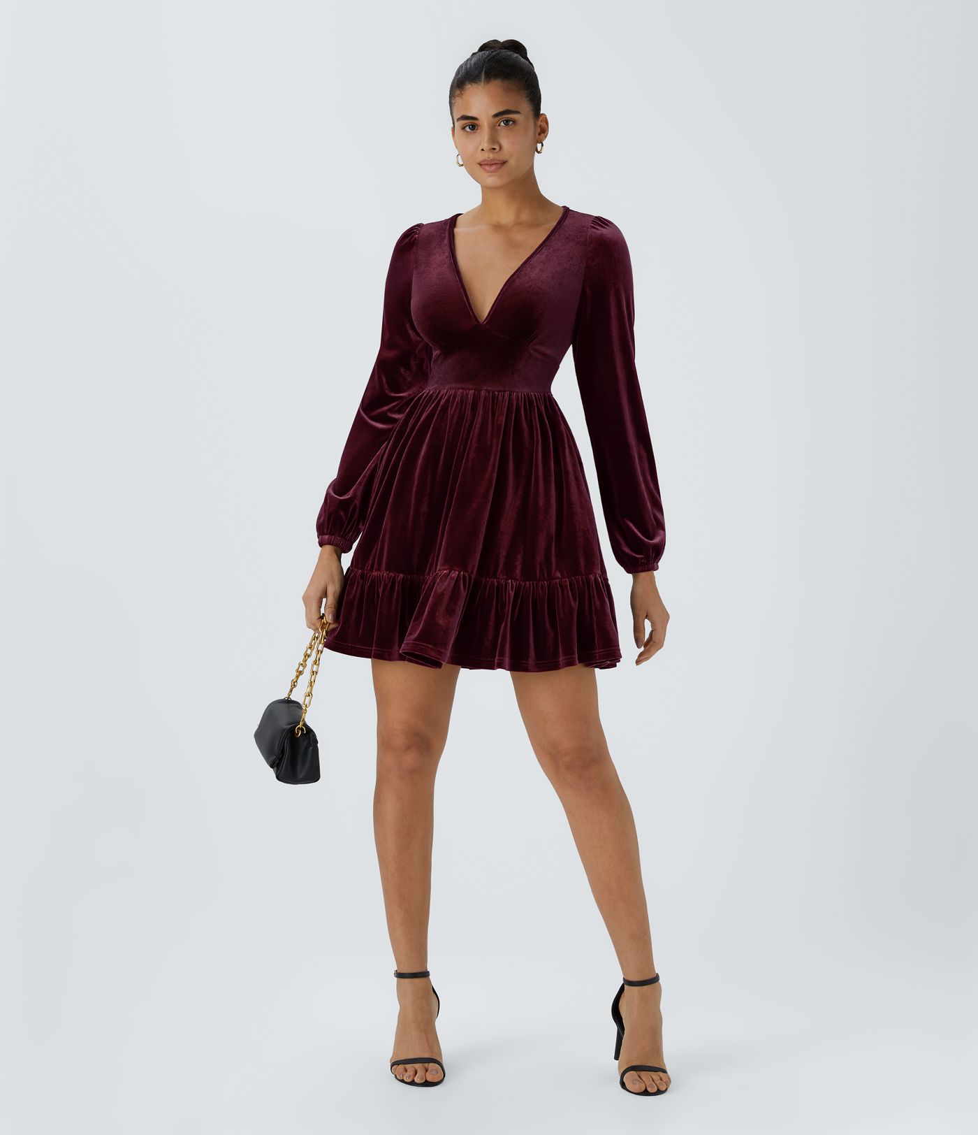 Everyday Deep V Neck Long Sleeve Ruffled Hem Velvet Mini Chill Dress