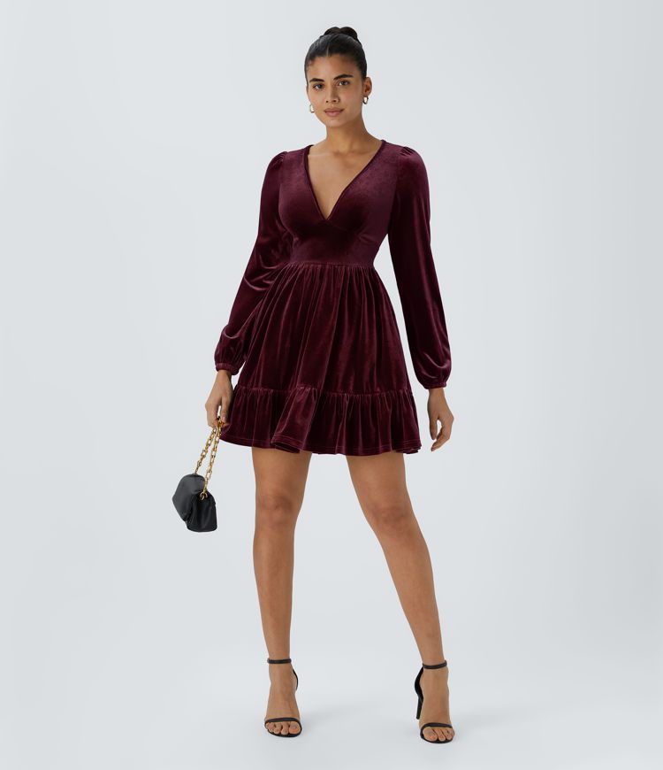 Everyday Deep V Neck Long Sleeve Ruffled Hem Velvet Mini Chill Dress