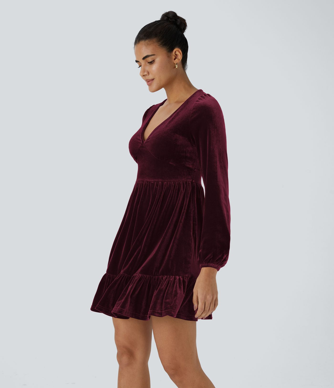 Everyday Deep V Neck Long Sleeve Ruffled Hem Velvet Mini Chill Dress