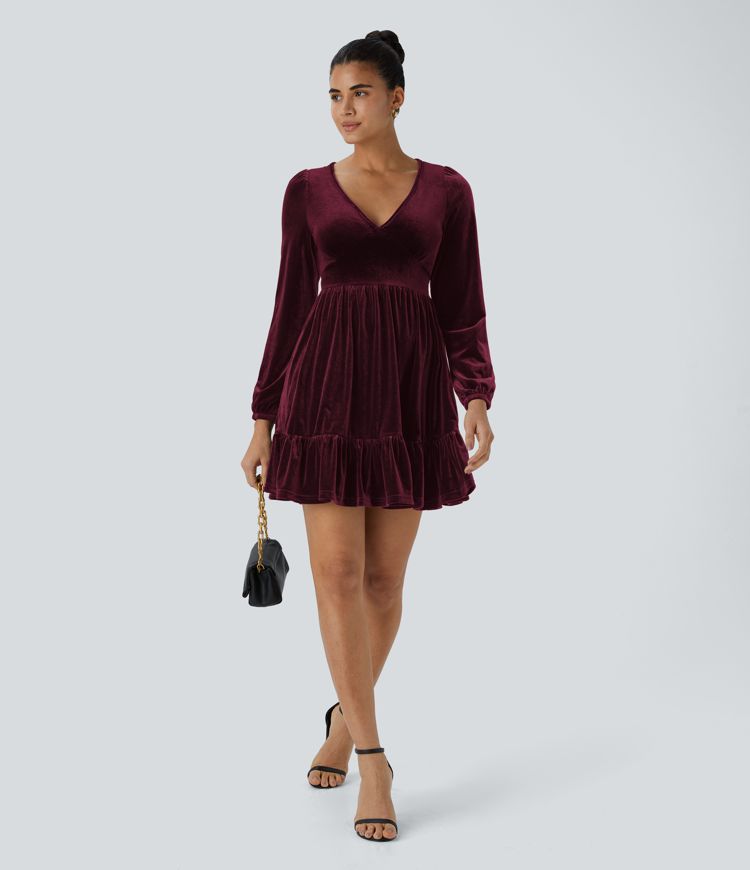 Everyday Deep V Neck Long Sleeve Ruffled Hem Velvet Mini Chill Dress