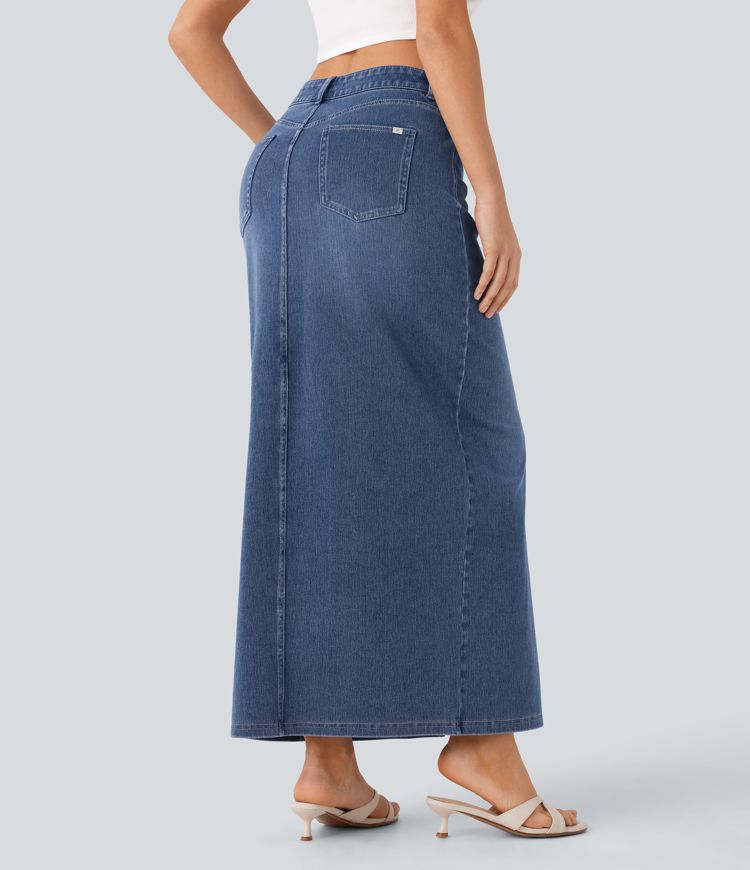 Halara Flex™ Mid Rise Pockets Straight Maxi Washed Denim Casual Skirt