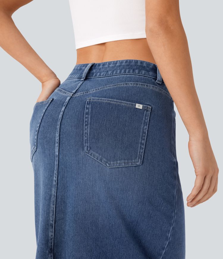 Halara Flex™ Mid Rise Pockets Straight Maxi Washed Denim Casual Skirt