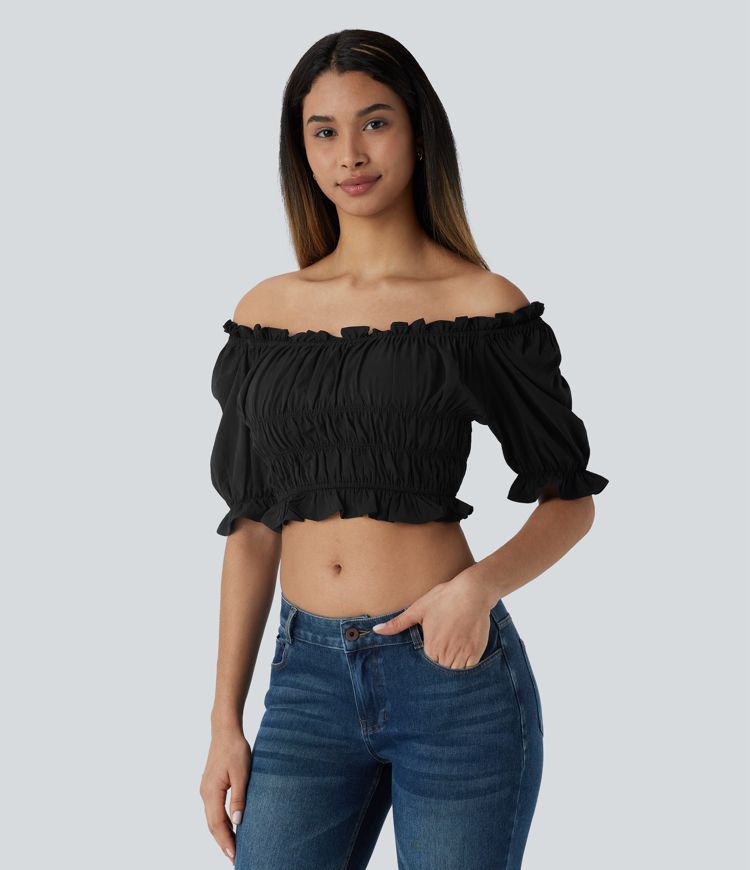 Blusa corta cuello U manga abullonada volante fruncido