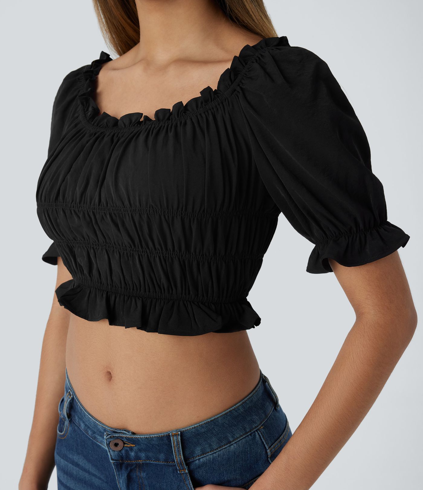 Blusa corta cuello U manga abullonada volante fruncido