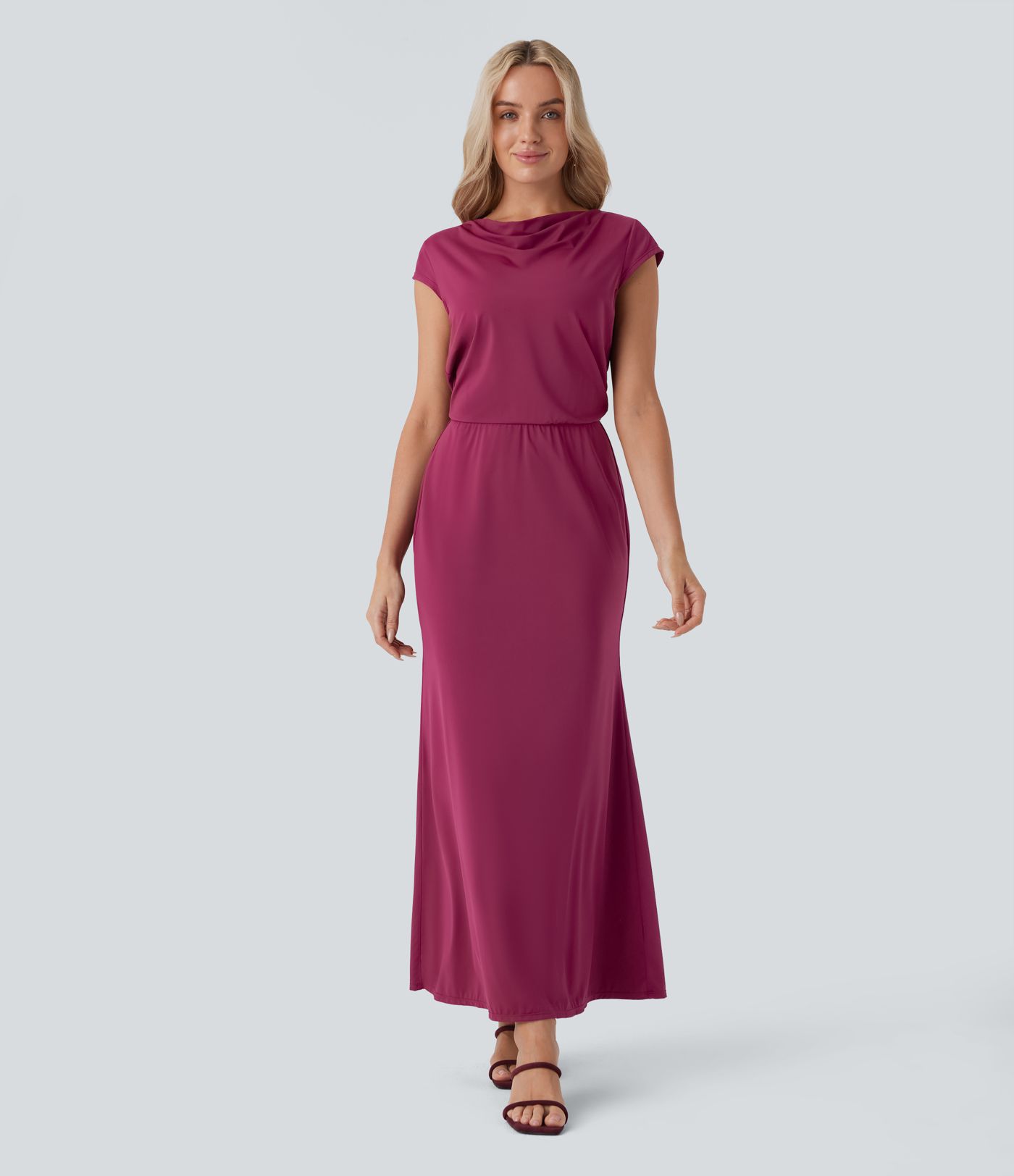 Tie Back Cowl Neck Cap Sleeve Maxi Dress