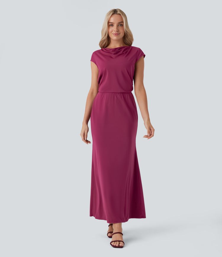 Tie Back Cowl Neck Cap Sleeve Maxi Dress