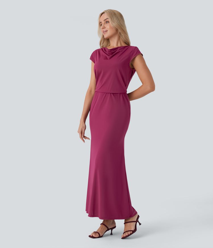 Tie Back Cowl Neck Cap Sleeve Maxi Dress