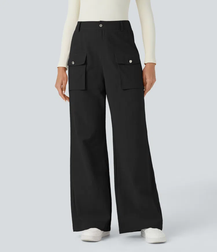 High-waist button zipper side flap cargo pocket wide leg casual linen feel pants