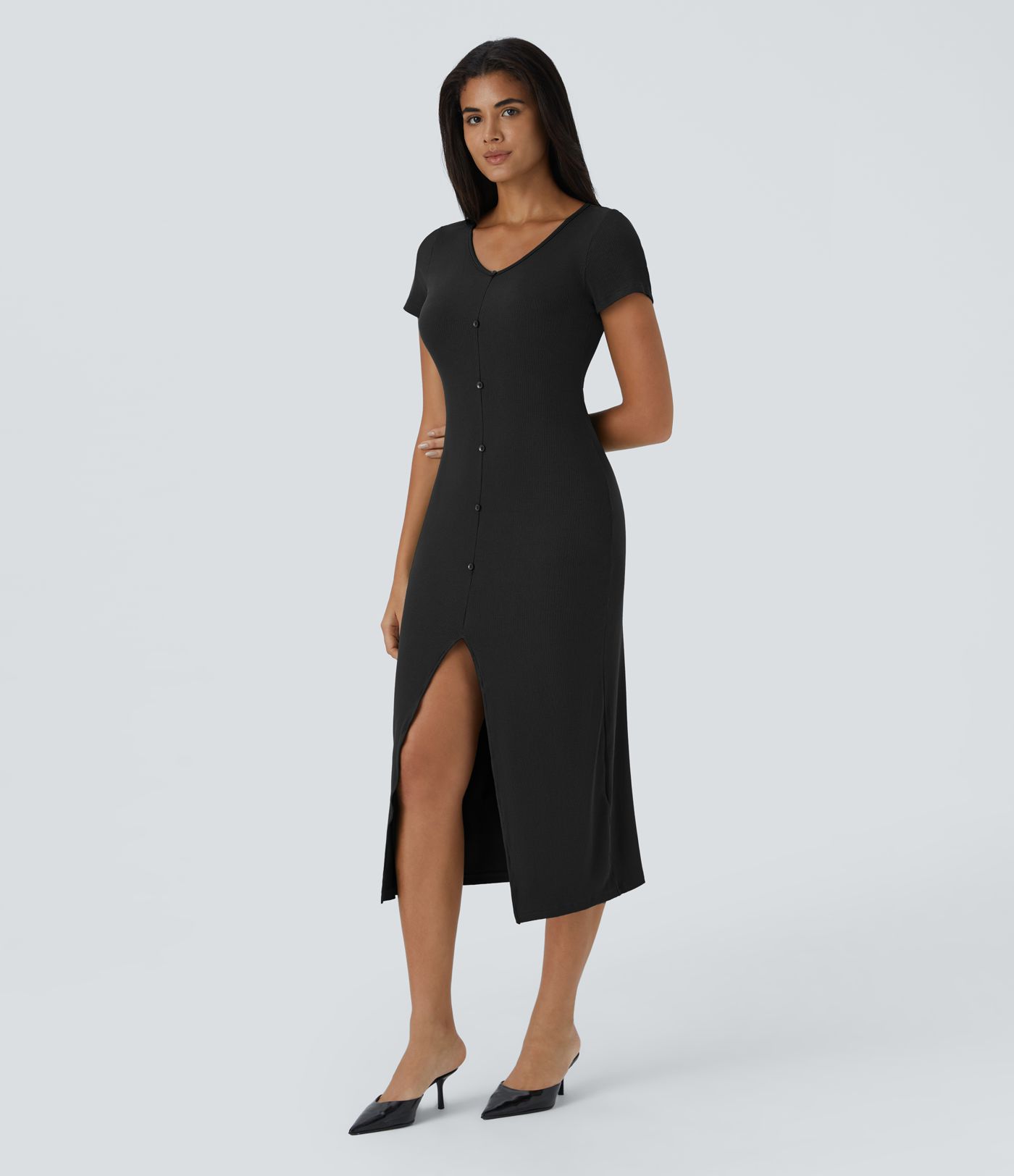 Robe Chill Midi en Tricot Côtelé à Encolure en V Boutons et Fente