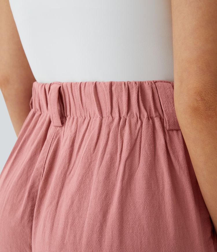 High Waisted Side Pocket Wide Leg Flowy Solid Palazzo Casual Linen-Feel Trousers