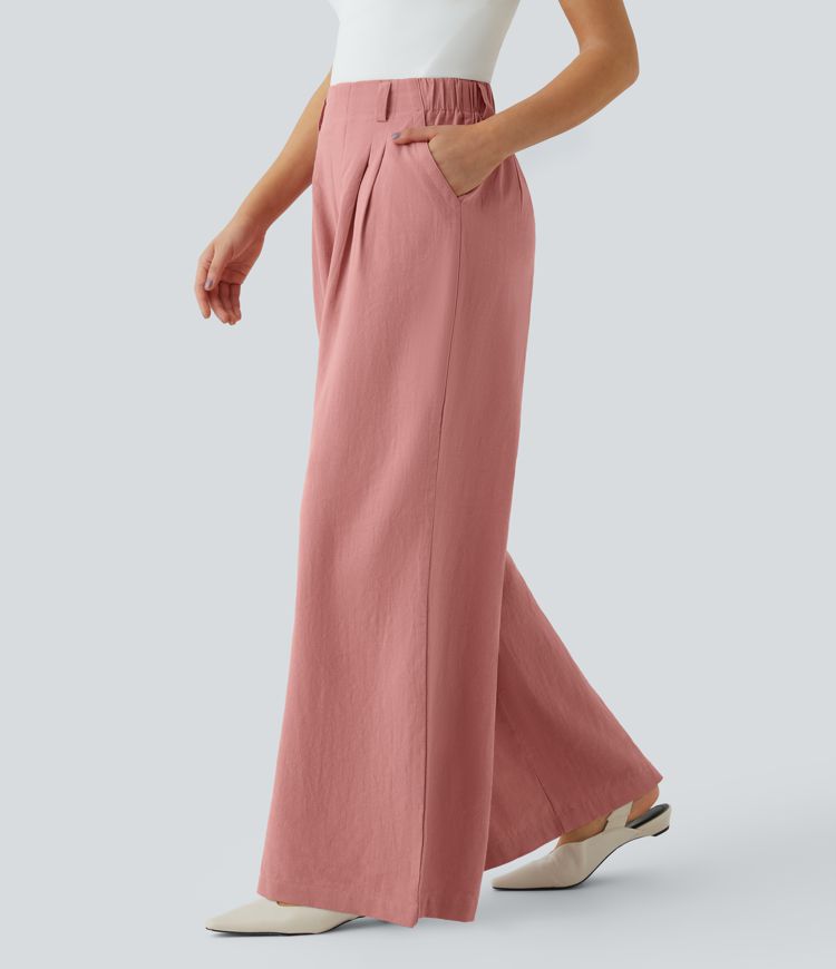 High Waisted Plicated Side Pocket Wide Leg Flowy Solid Palazzo Casual Linen-Feel Pants