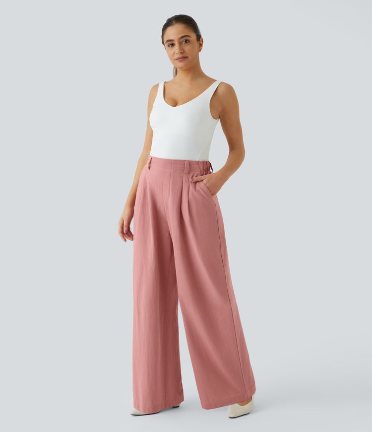 High Waisted Side Pocket Wide Leg Flowy Solid Palazzo Casual Linen-Feel Trousers