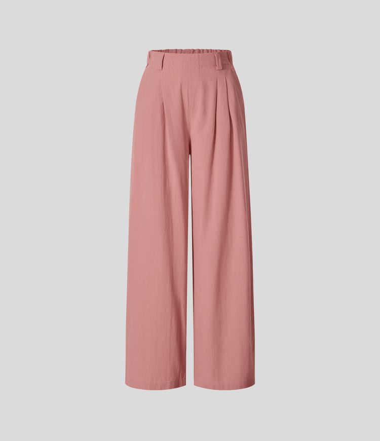 High Waisted Side Pocket Wide Leg Flowy Solid Palazzo Casual Linen-Feel Trousers