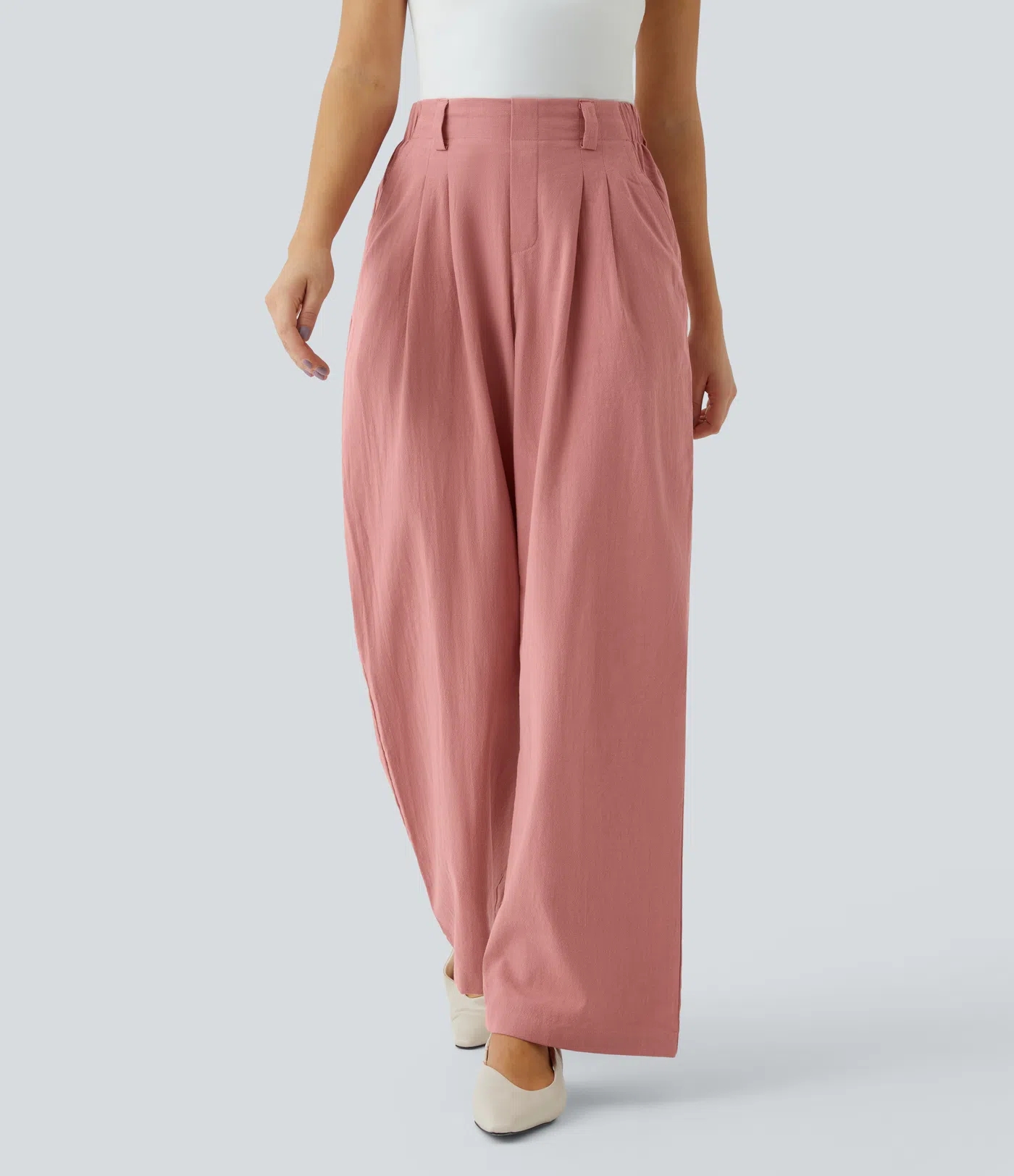 High Waisted Pocket Wide Leg Flowy Solid Palazzo Casual Linen-Feel Pants
