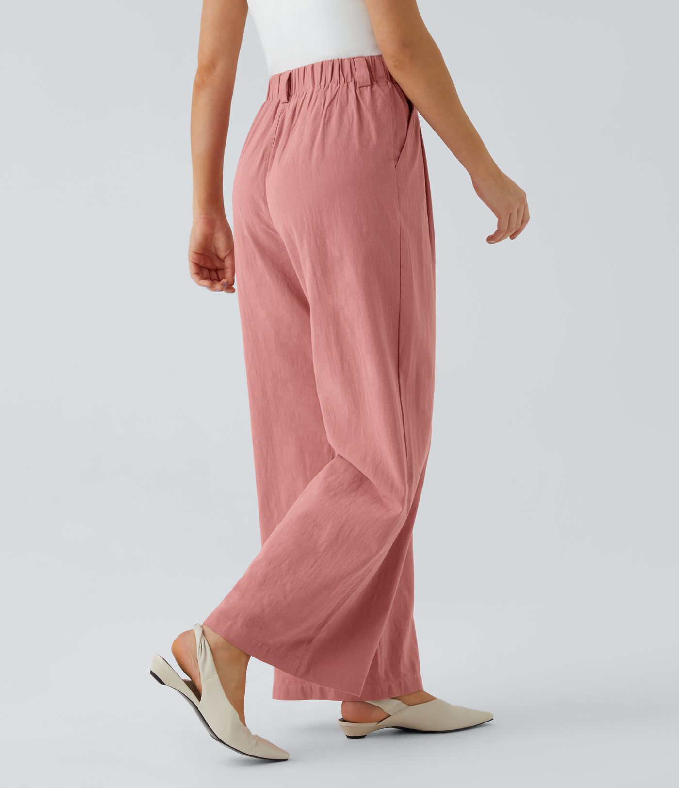 High Waisted Pocket Wide Leg Flowy Solid Palazzo Casual Linen-Feel Trousers