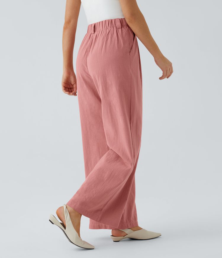 High Waisted Plicated Side Pocket Wide Leg Flowy Solid Palazzo Casual Linen-Feel Pants