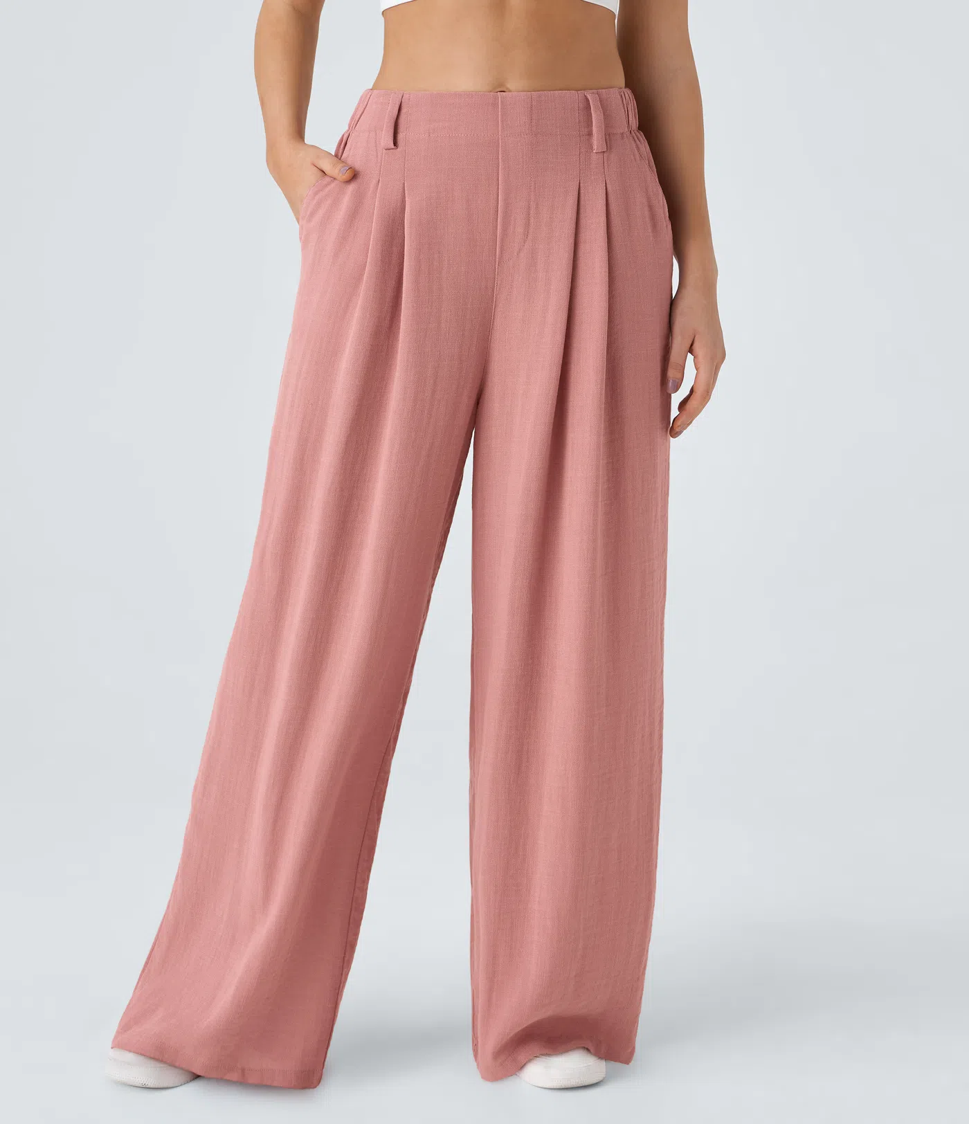 High Waisted Pocket Wide Leg Flowy Solid Palazzo Casual Linen-Feel Pants
