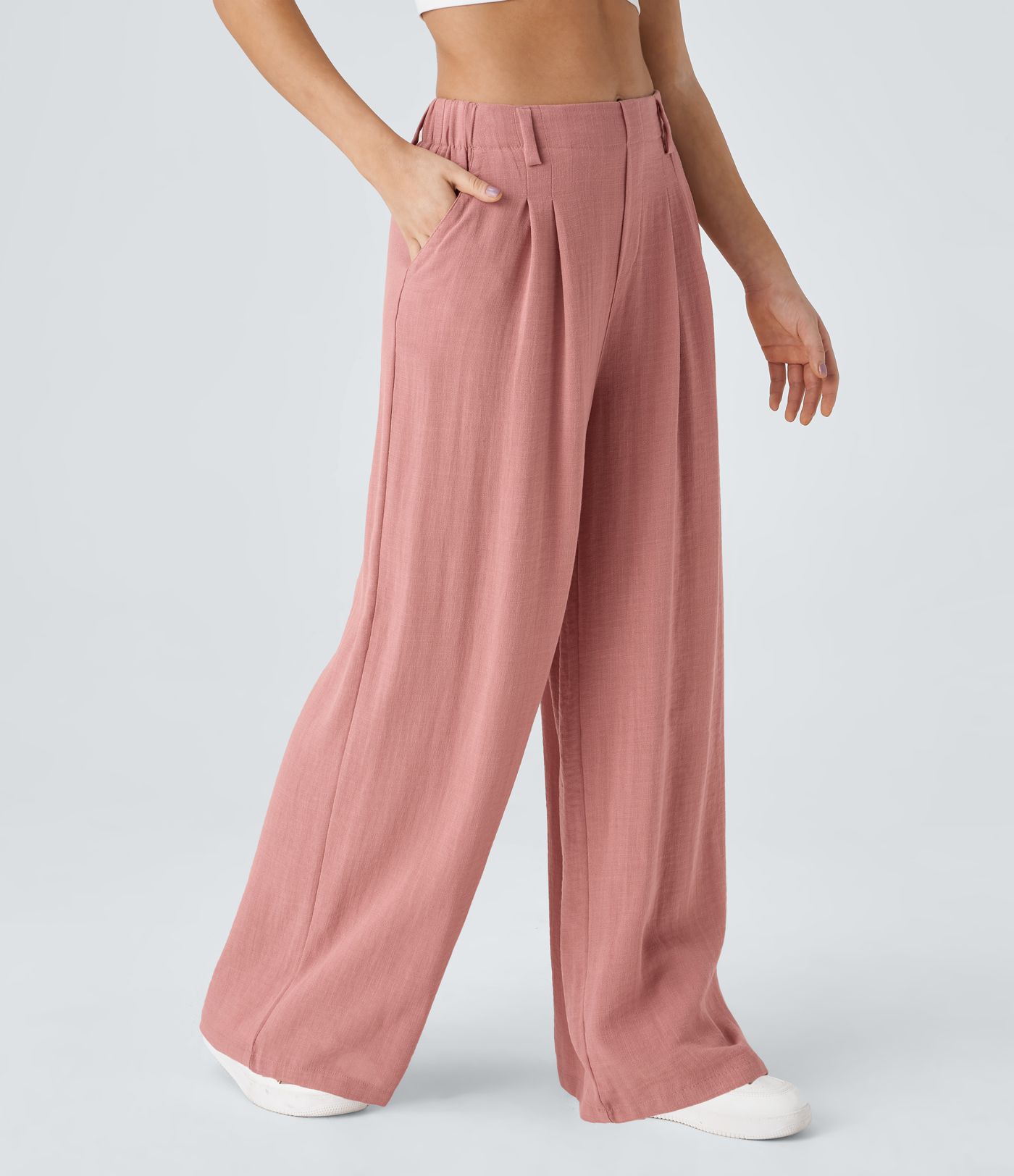 High Waisted Pocket Wide Leg Flowy Solid Palazzo Casual Linen-Feel Trousers