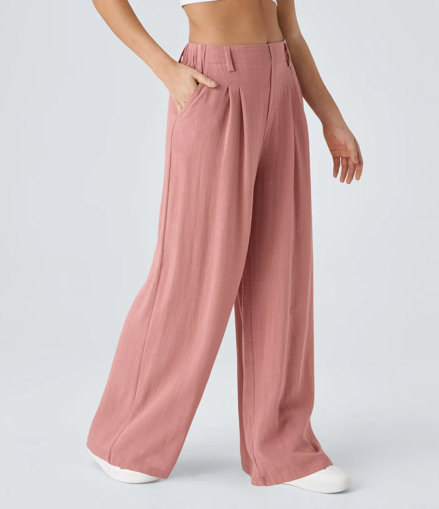 High Waisted Pocket Wide Leg Flowy Solid Palazzo Casual Linen-Feel Pants