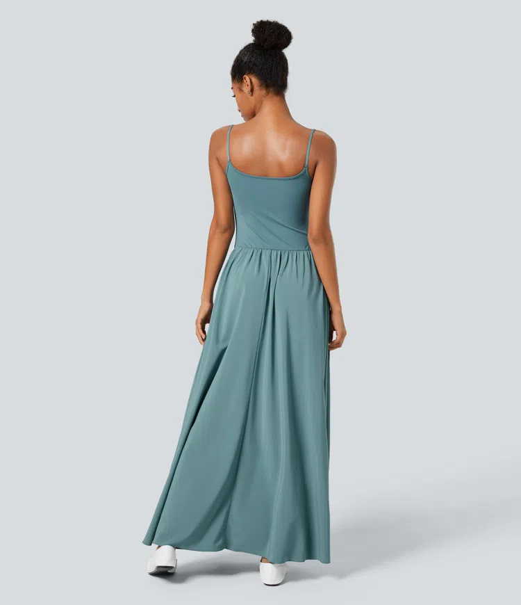 Breezeful™ Backless Side Pocket Plicated Flowy Flare Maxi Quick Dry Casual Slip Dress