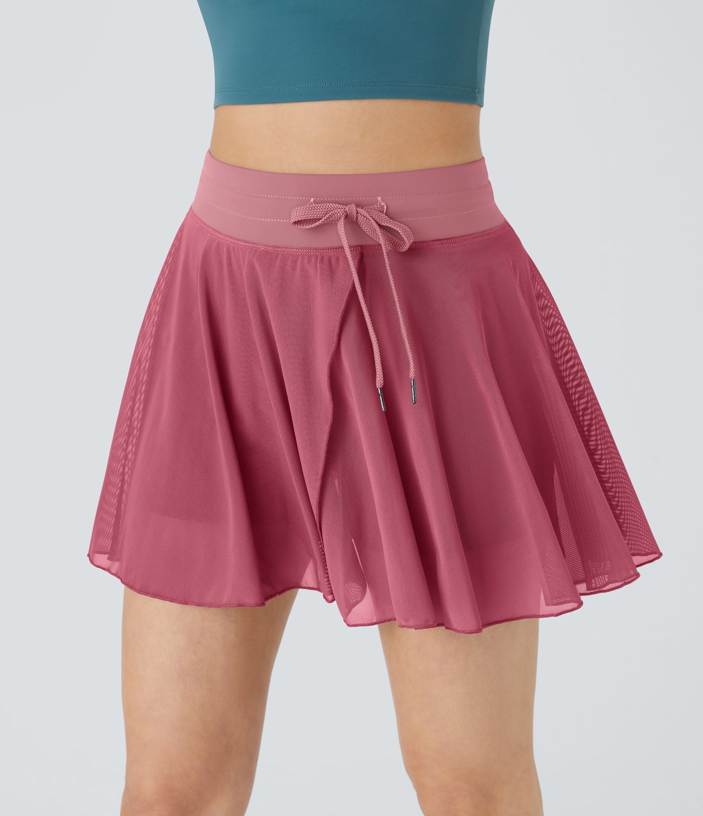 High Waisted Drawstring Contrast Mesh 2-in-1 Pocket Flowy Mini Flare Casual Skirt