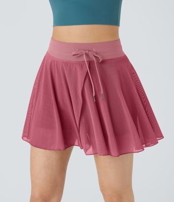 High Waisted Drawstring Contrast Mesh 2-in-1 Pocket Flowy Mini Flare Casual Skirt