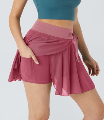 High Waisted Drawstring Contrast Mesh 2-in-1 Pocket Flowy Mini Flare Casual Skirt