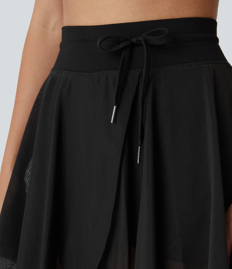High Waisted Drawstring Contrast Mesh 2-in-1 Side Pocket Flowy Mini Flare Casual Skirt