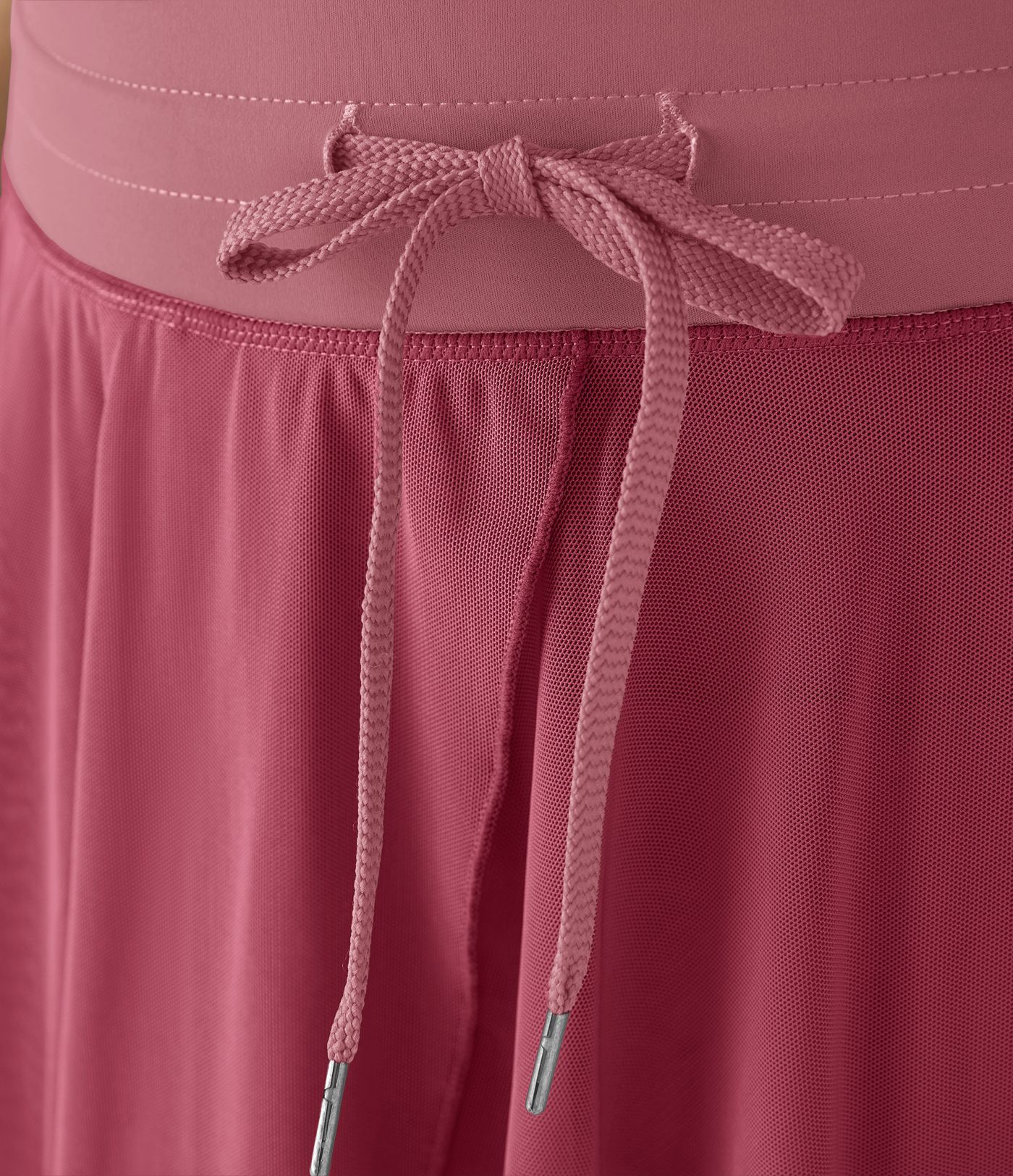 High Waisted Drawstring Contrast Mesh 2-in-1 Pocket Flowy Mini Flare Casual Skirt