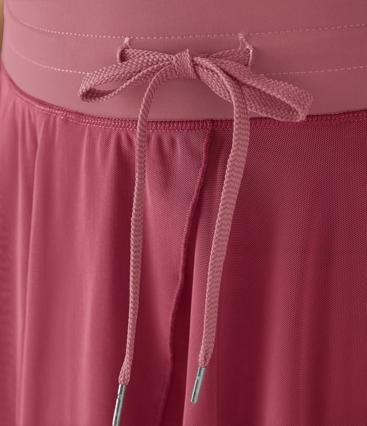 High Waisted Drawstring Contrast Mesh 2-in-1 Pocket Flowy Mini Flare Casual Skirt