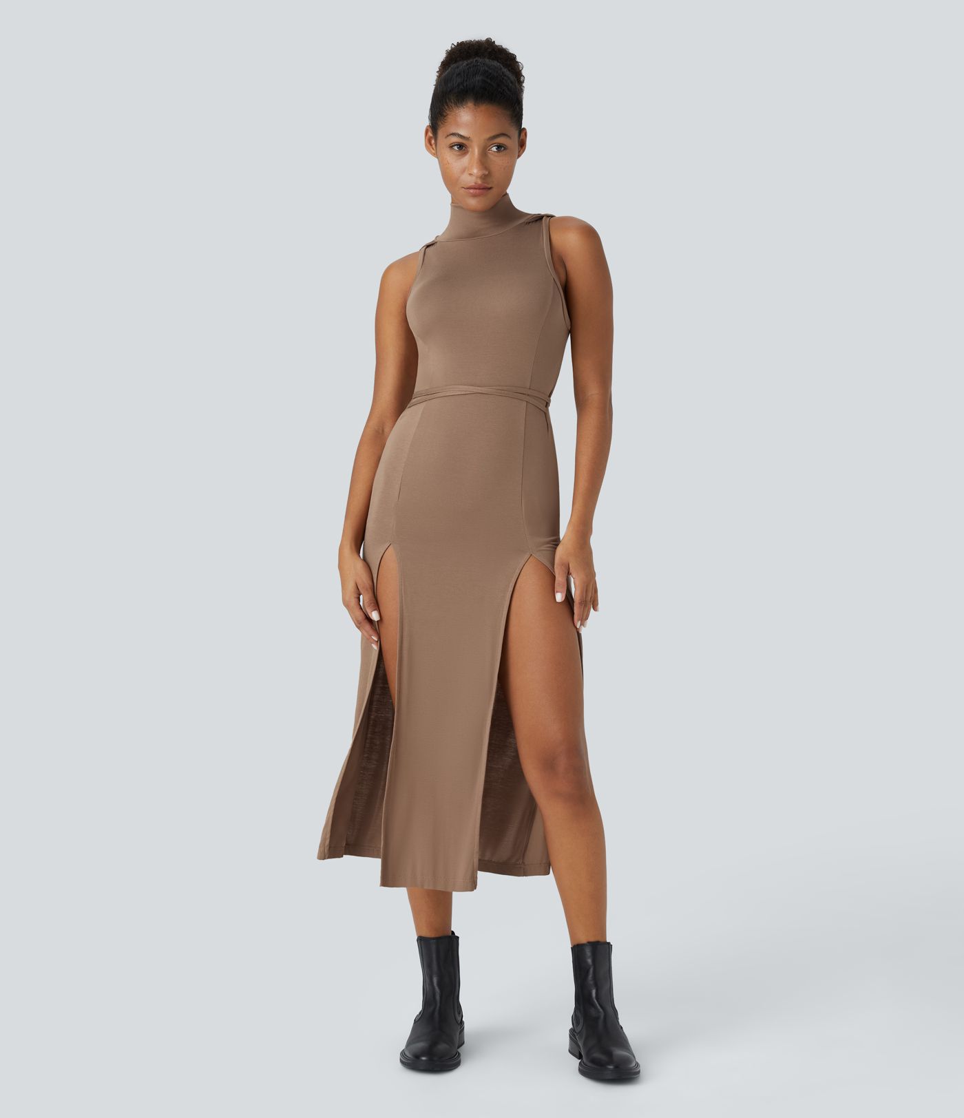 Ribbed Hooded High Neck Sleeveless Cut Out Tie Back Split 2-Piece Midi Casual Dress