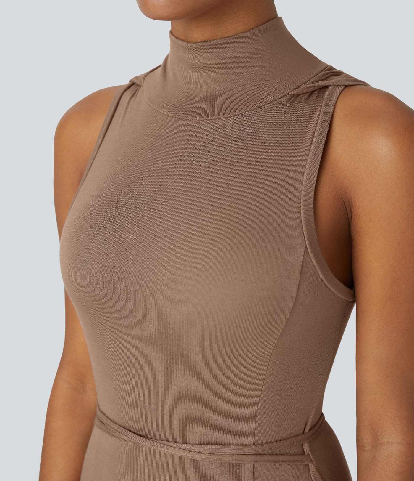 Ribbed Hooded High Neck Sleeveless Cut Out Tie Back Split 2-Piece Midi Casual Dress