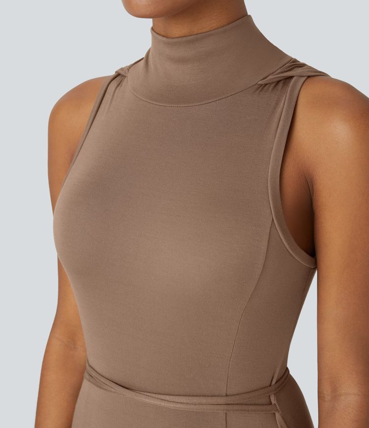 Ribbed Hooded High Neck Sleeveless Cut Out Tie Back Split 2-Piece Midi Casual Dress