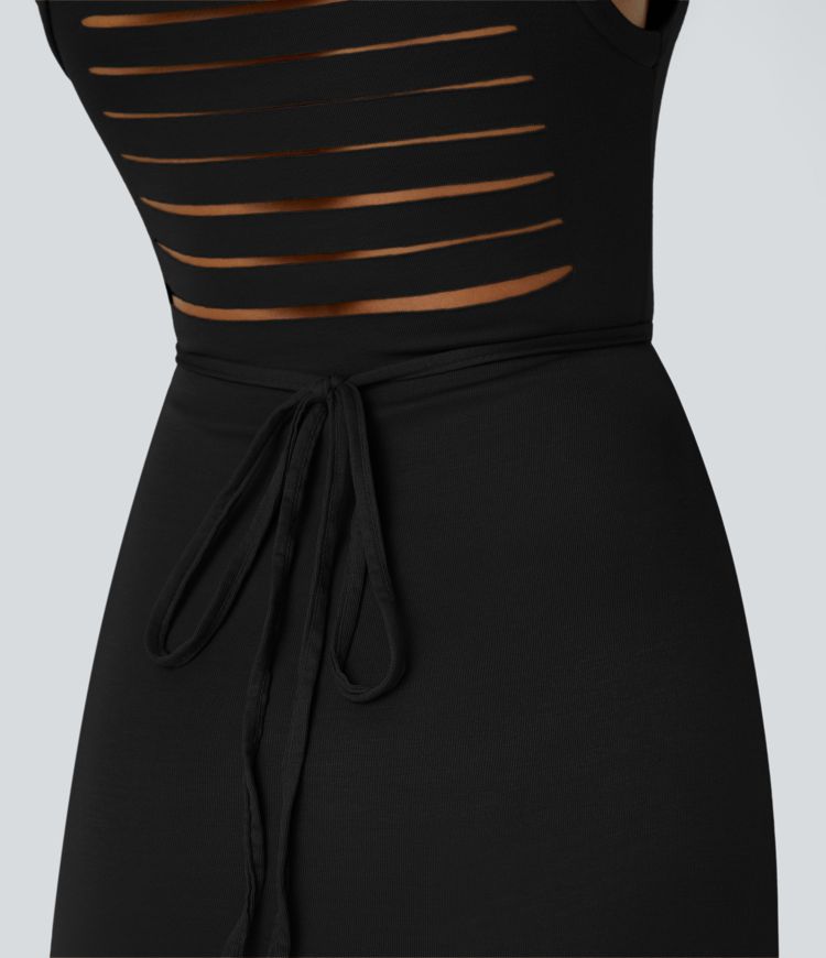Women's Ribbed Hooded High Neck Sleeveless Cut Out Tie Back